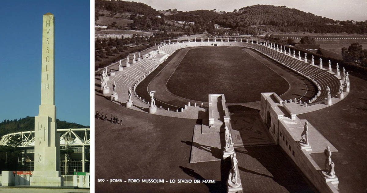mussolini obelisk with postcard stadio dei marmi foro italico