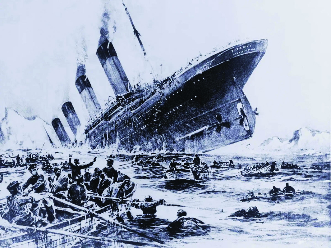 sinking titanic with rescue boats