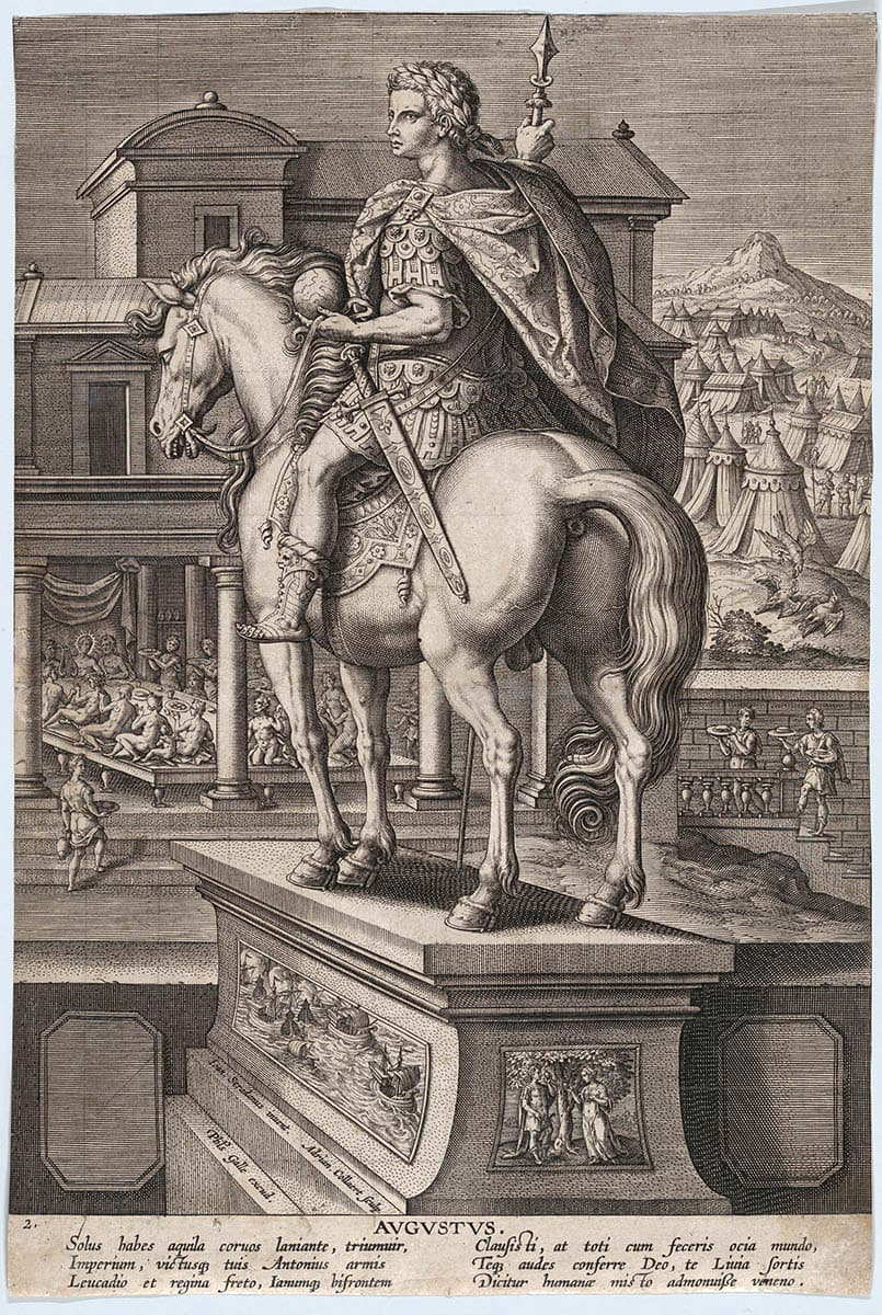 equestrian statue augustus holding globe engraving