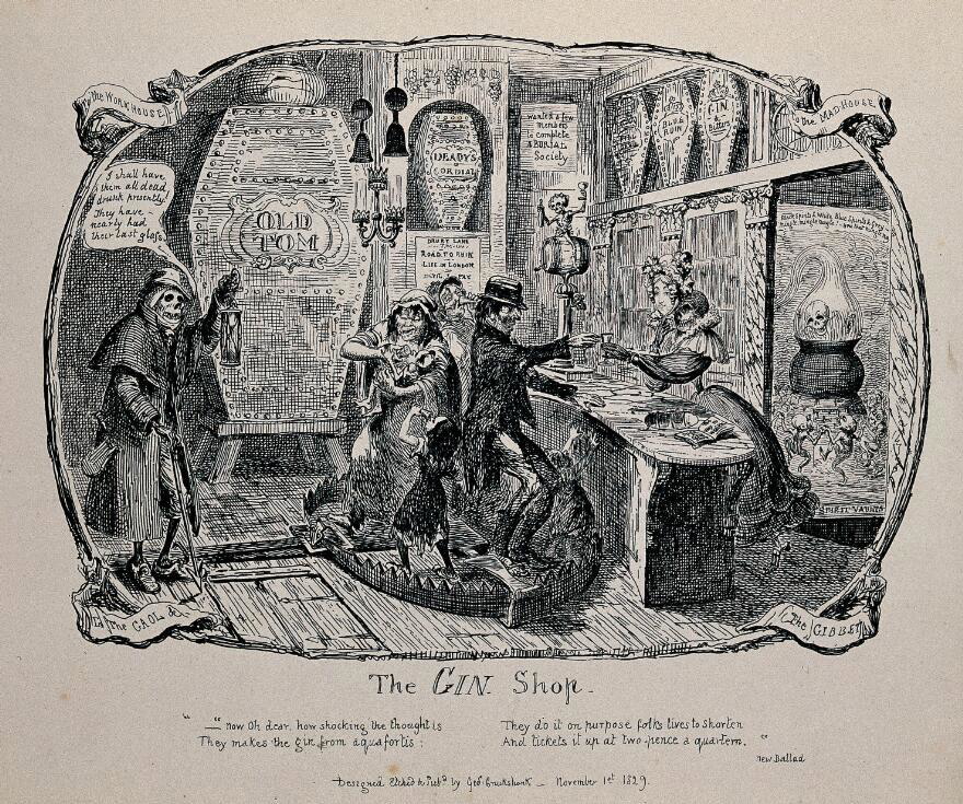 gin shop cruikshank gin craze drawing