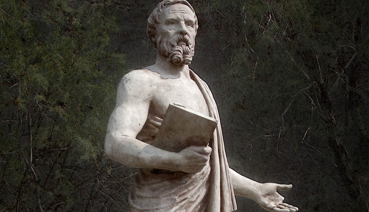 herodotus geographer statue with book