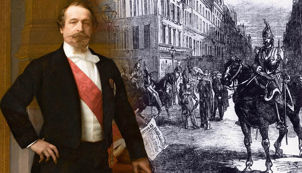 napoleon iii portrait with french cavalry streets paris illustration