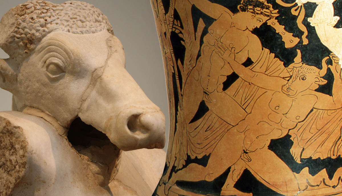 ancient greek minotaur sculpture and amphora