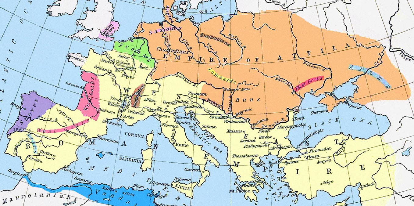 Map illustrating the Hunnic Empire in c. 450 CE. Source: Wikimedia Commons