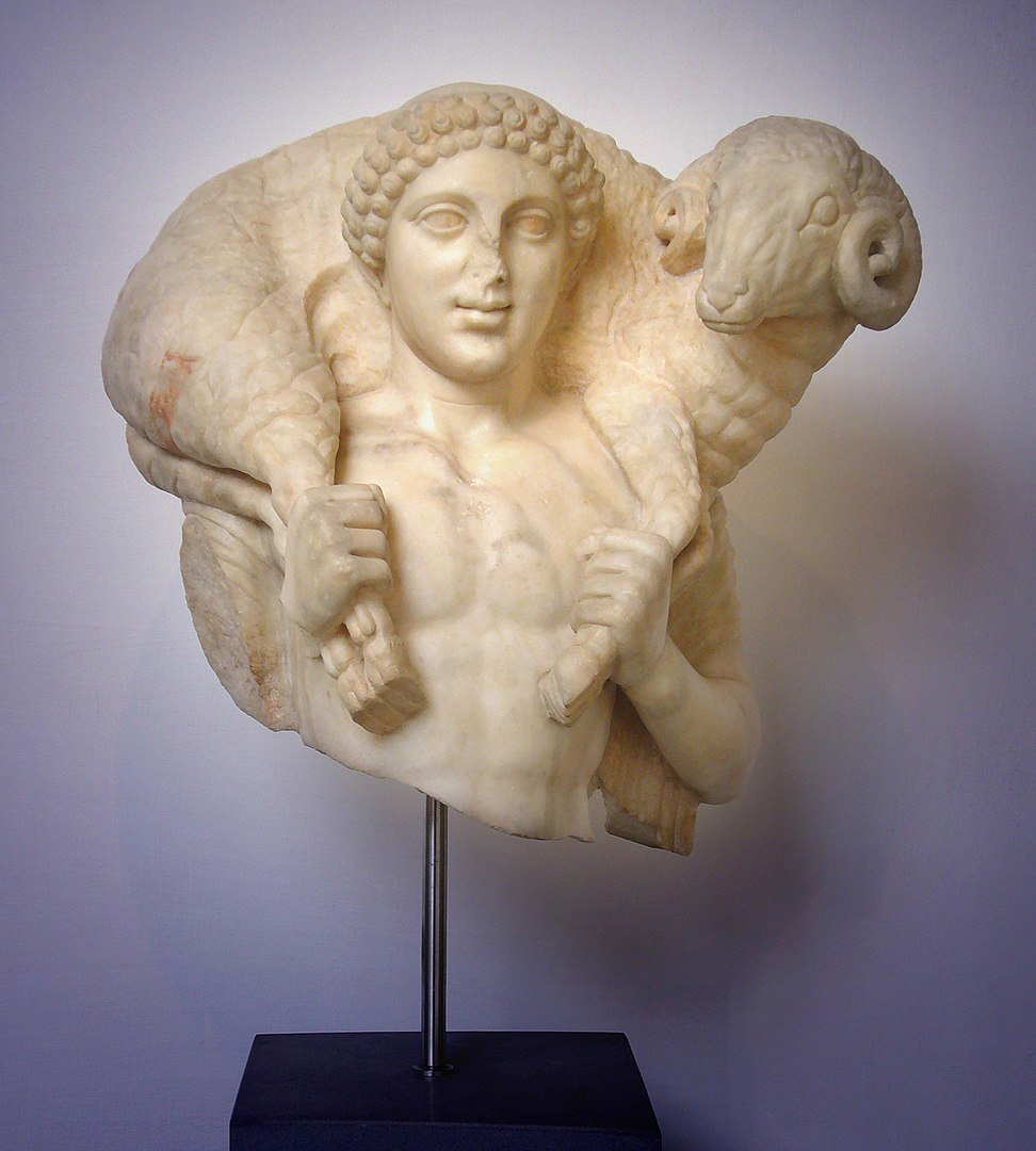Statue of Hermes Kriophoros holding a sheep, late-Roman copy of Greek original from the 5th century BCE. Source: Barracco Museum, Rome