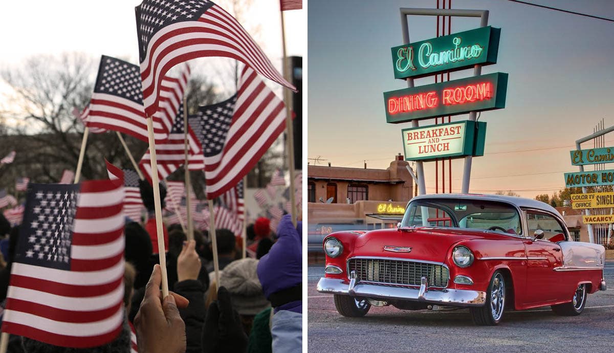 the american dream classic car with flag