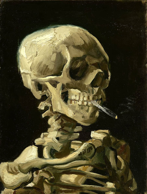 van gogh skeleton with a burning cigarette