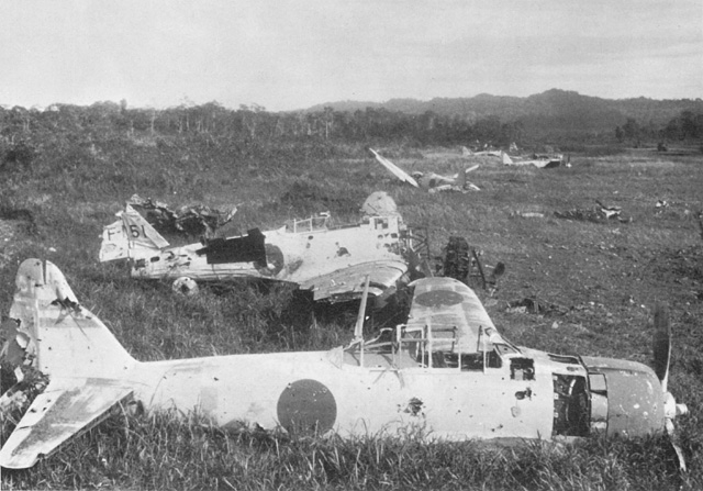Japanese aircraft destroyed on the ground by Allied planes near Lae 1943. Source: Wikimedia Commons