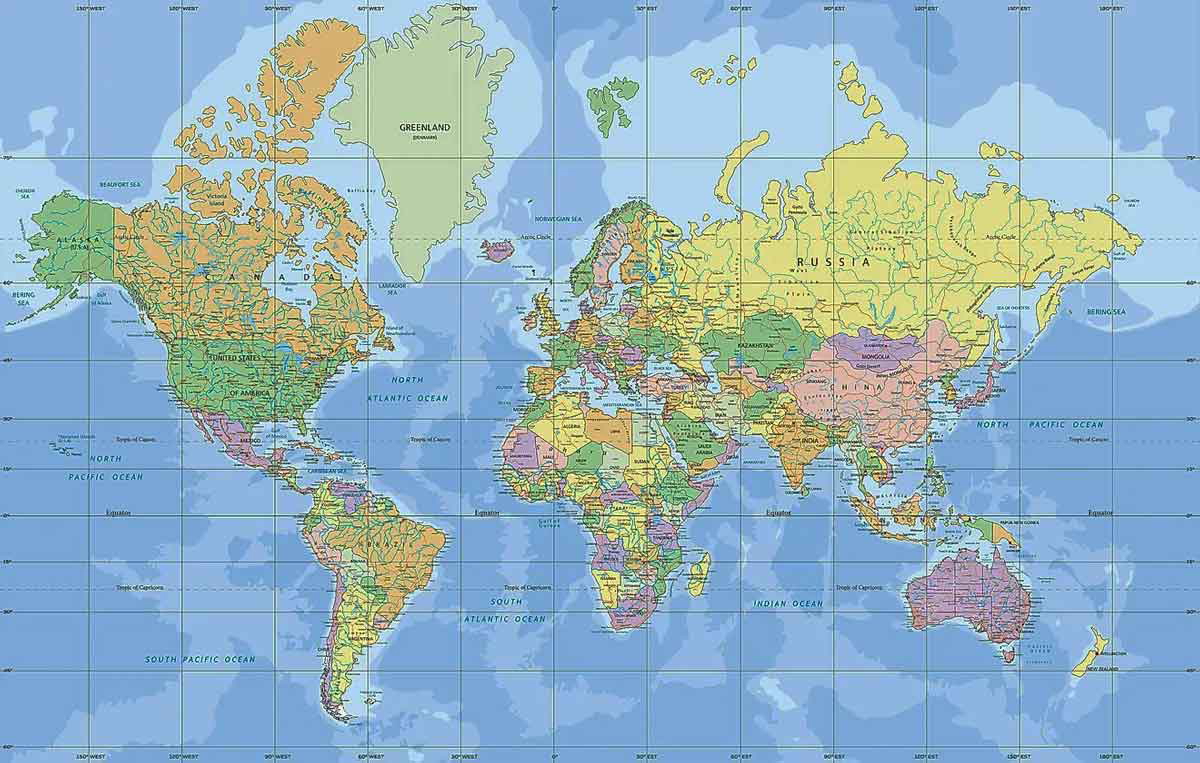 mercator projection world map political