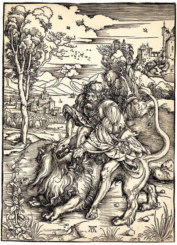 durer samson rending lion woodcut print