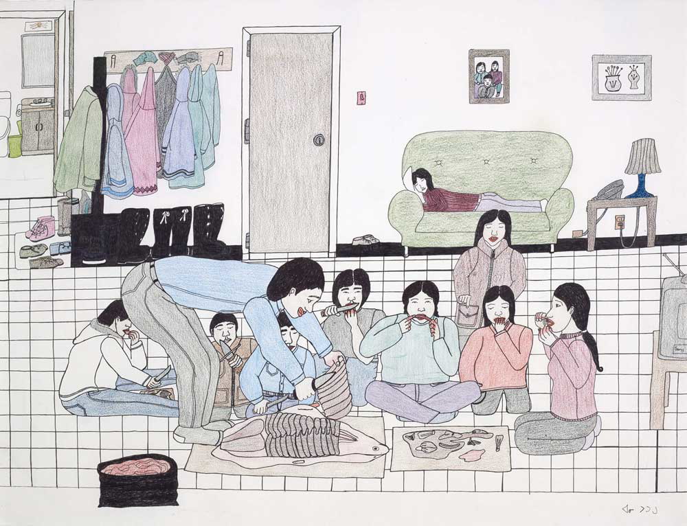 indigenous art pootoogook eating seal home drawing