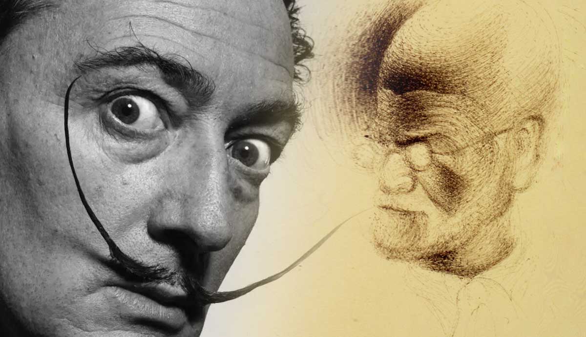 Salvador Dali portrait, with Sigmund Freud drawing