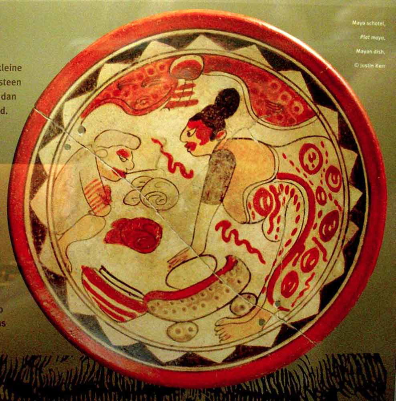 maya woman grinding cacao beans plate painting