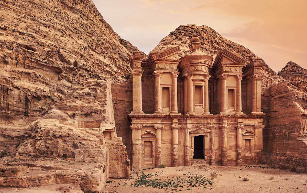 Facade of the Al Khazneh building in Petra, Jordan, built c. 4th century BCE
