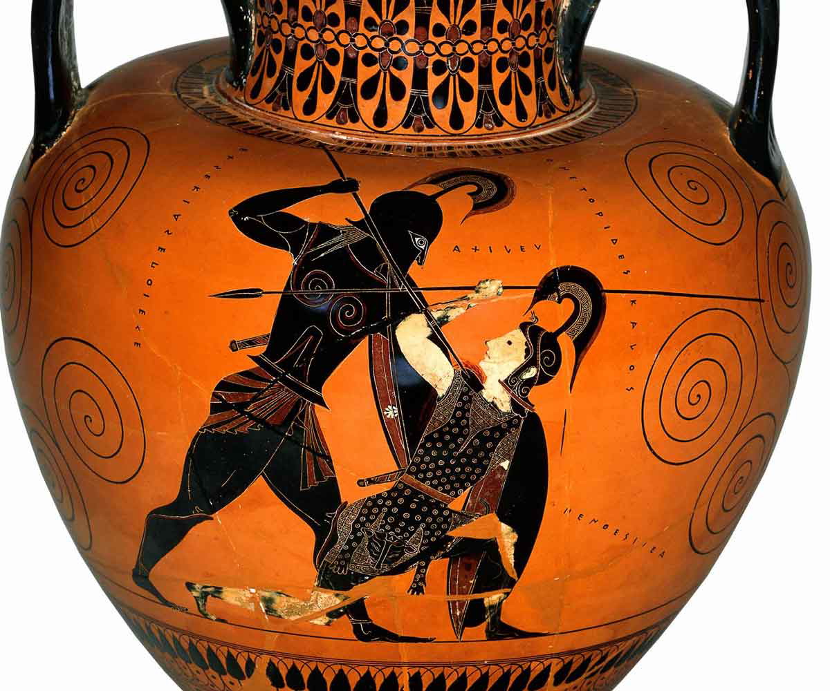 Achilles and Penthesilea by a painter of the Exekias painter, 540 BCE. Source: British Museum