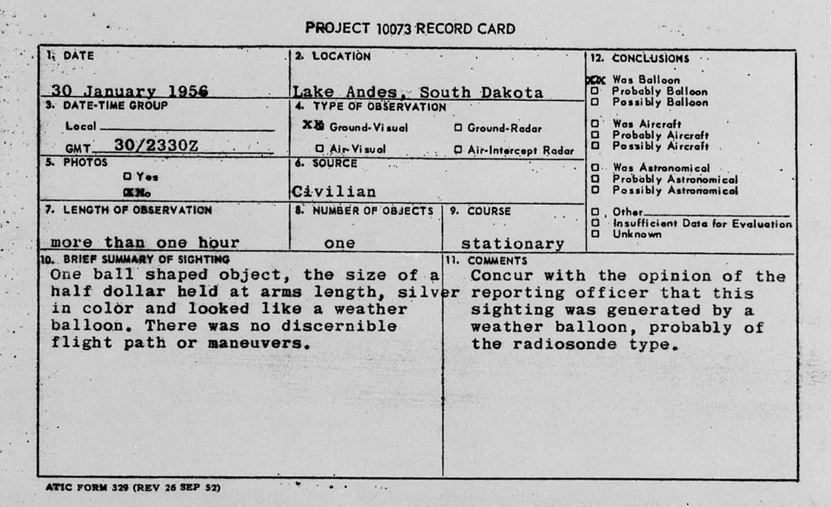 project blue book ufo record card