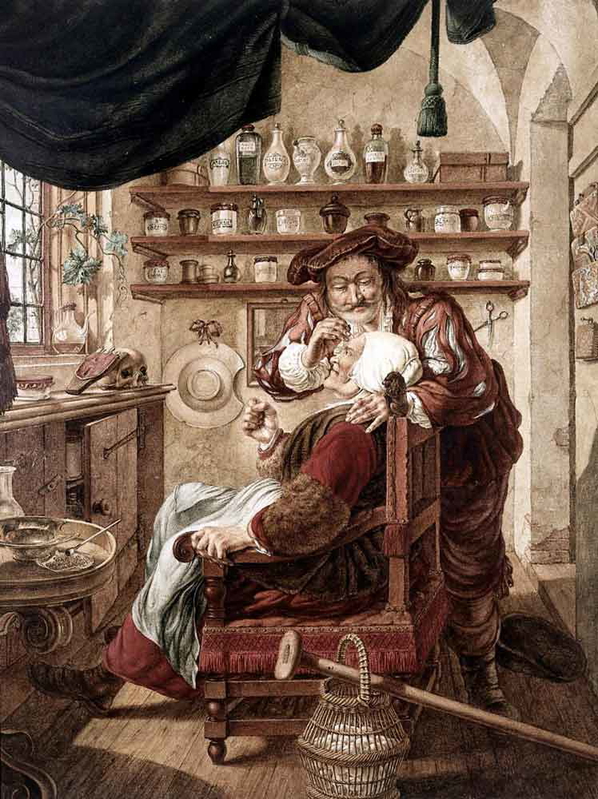 barber surgeon extracting stones womans head mental illness