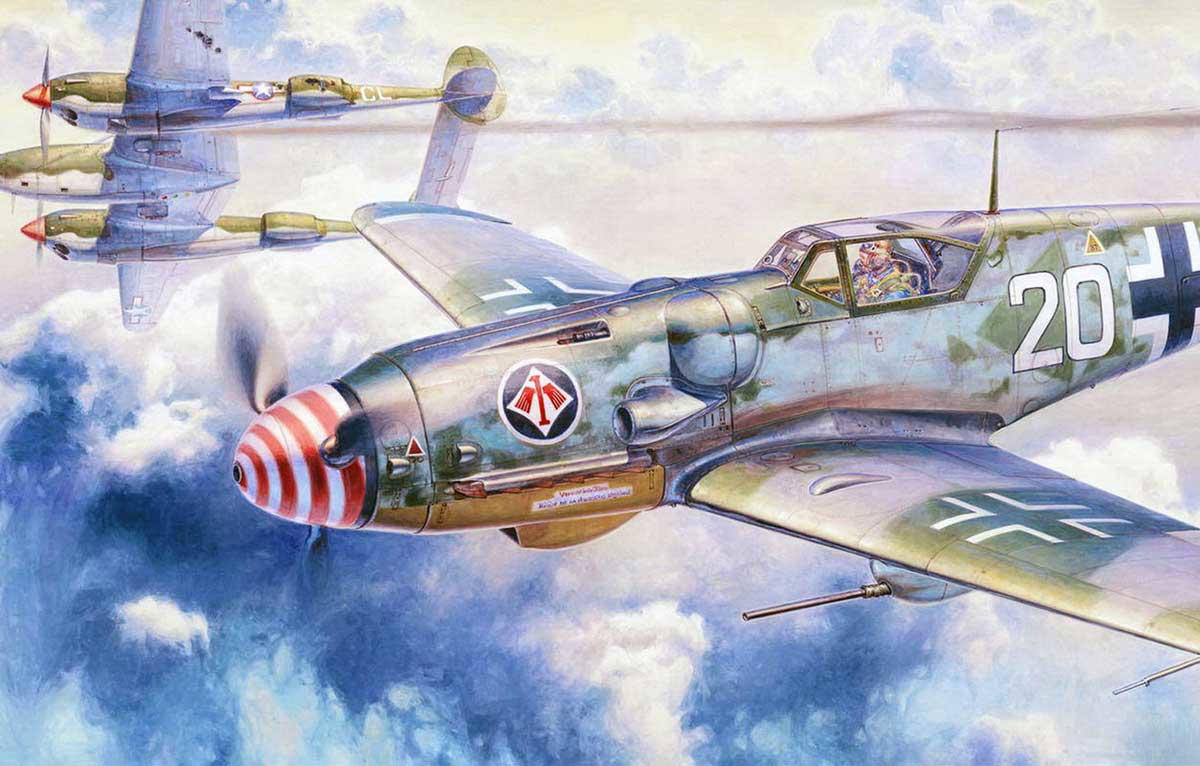 bf109 downing american p38 wwii painting