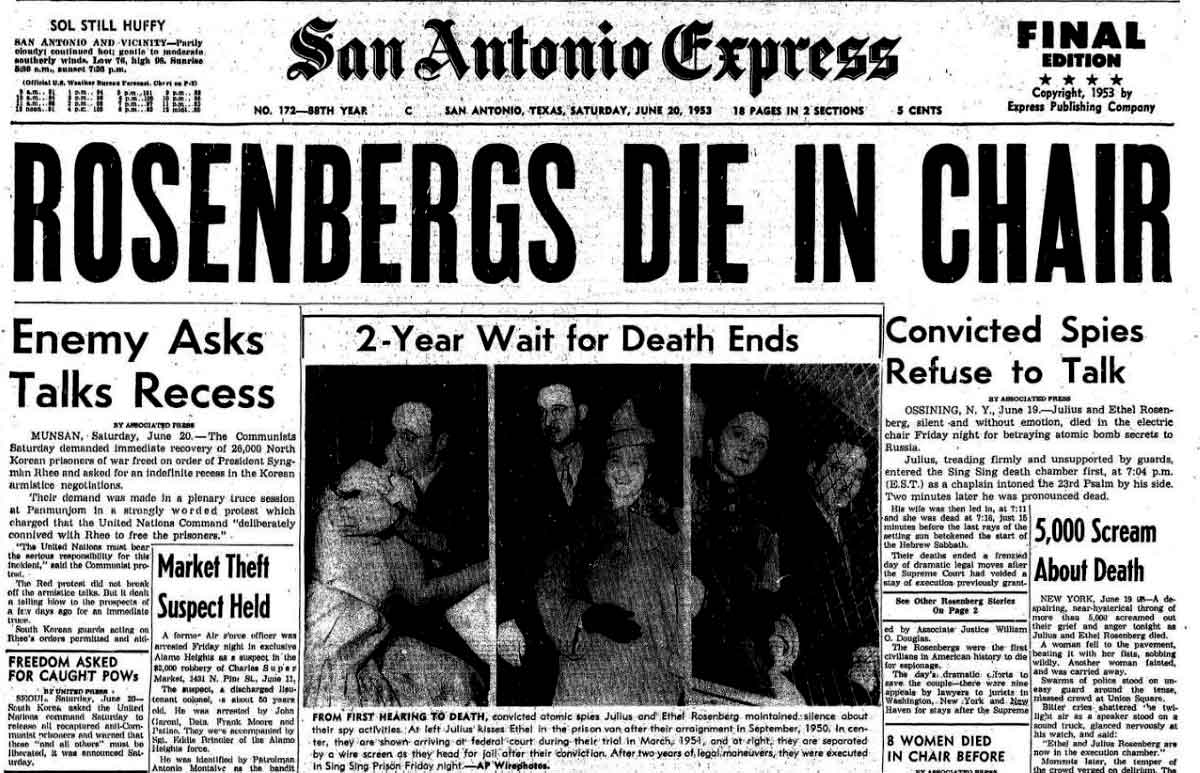 julius ethel rosenberg death sentence newspaper