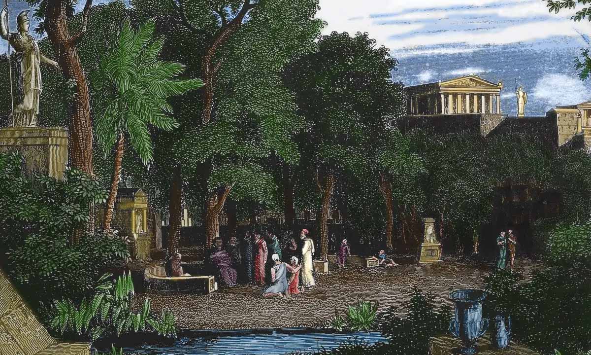 philosophers garden athens engraving