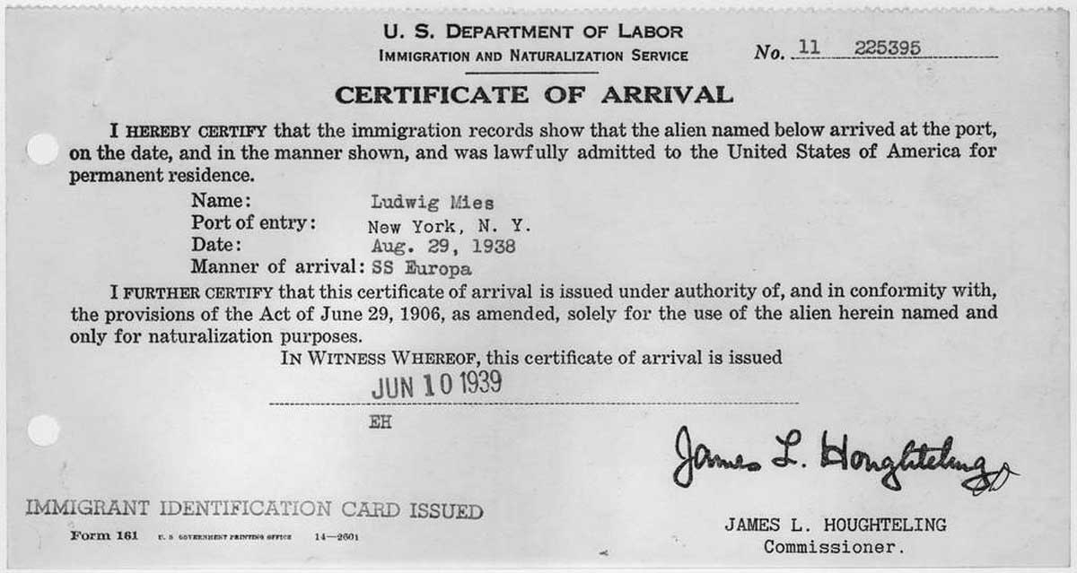 certificate of arrival mies ludwig