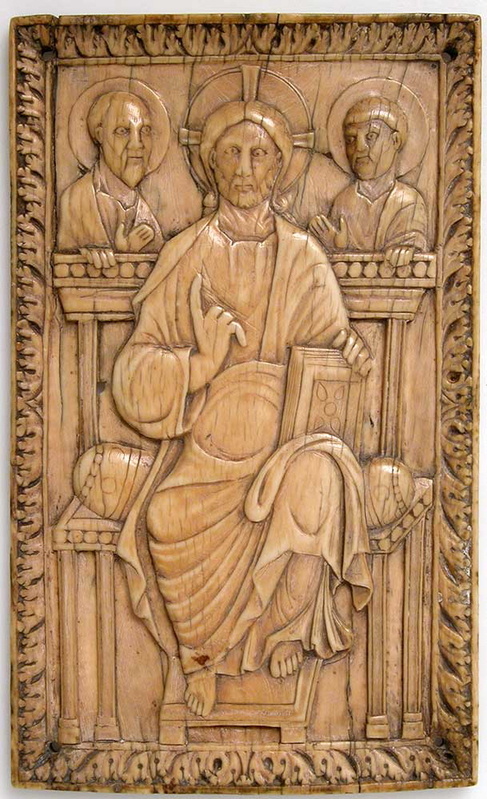 christ enthroned with two apostles plaque