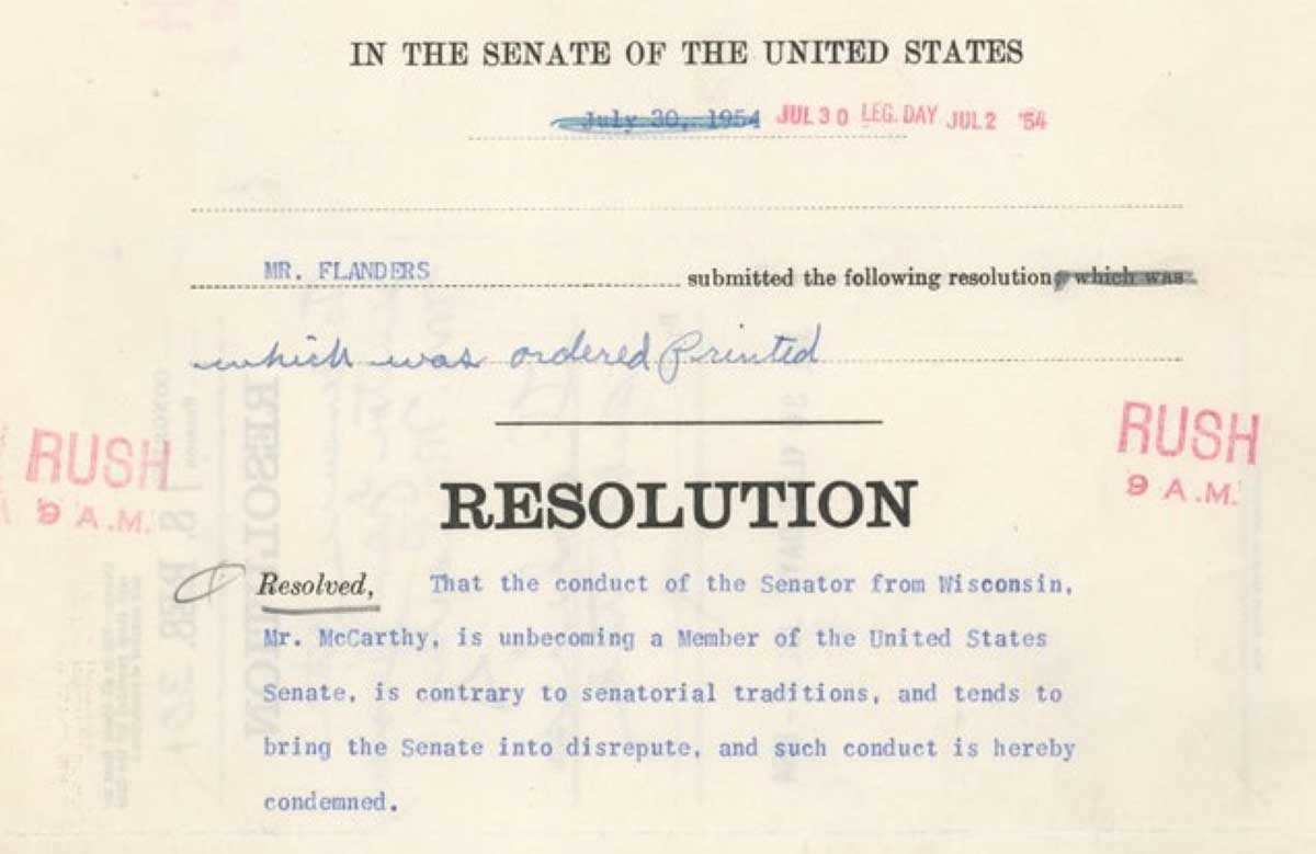 senate resolution joseph mccarthy army hearings conduct