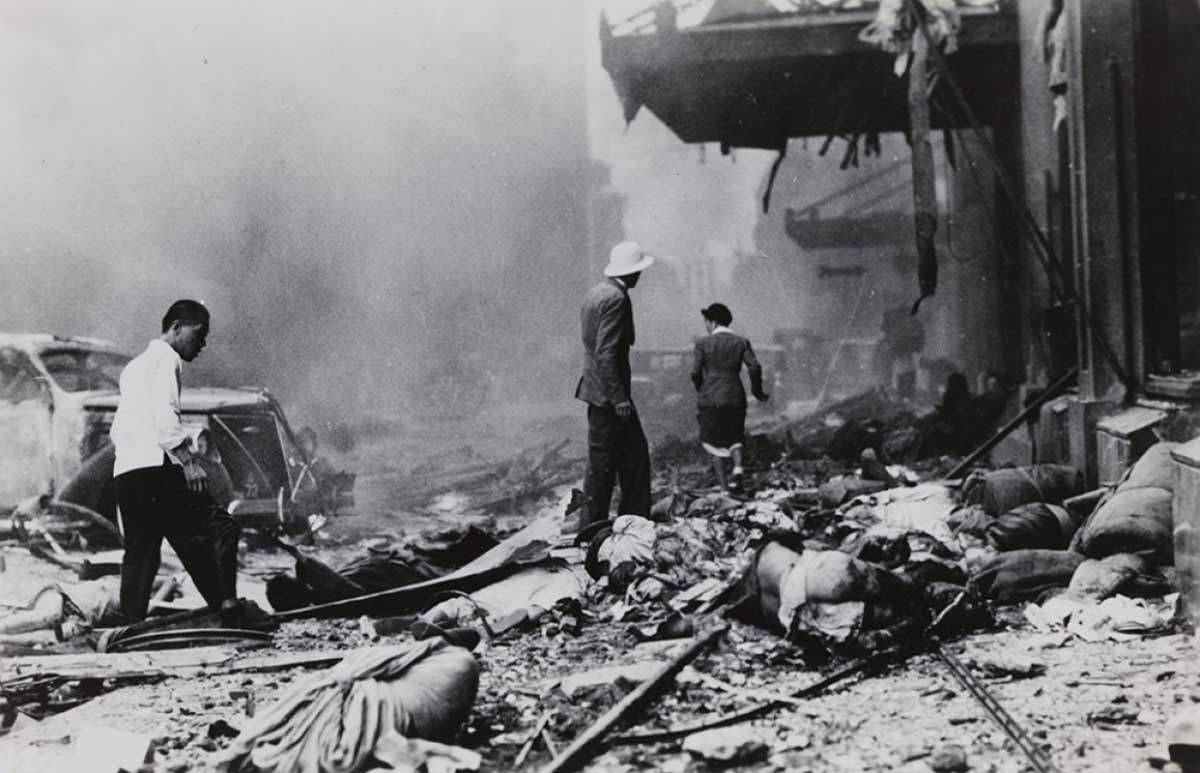 debris cathay hotel bombing war 1937 photograph