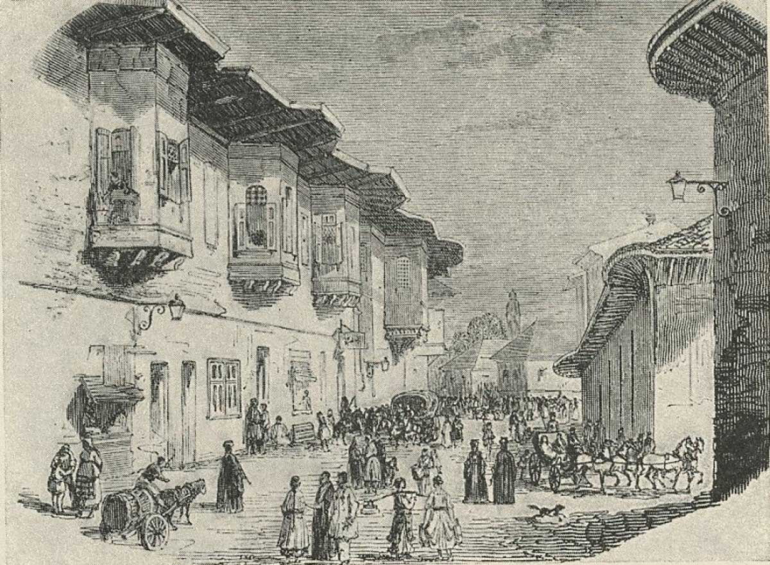 streetscape bucharest great fire 1847 lithograph