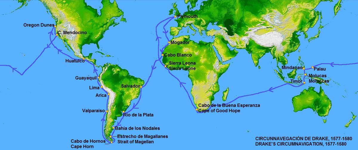 map drakes voyages 1577-1580