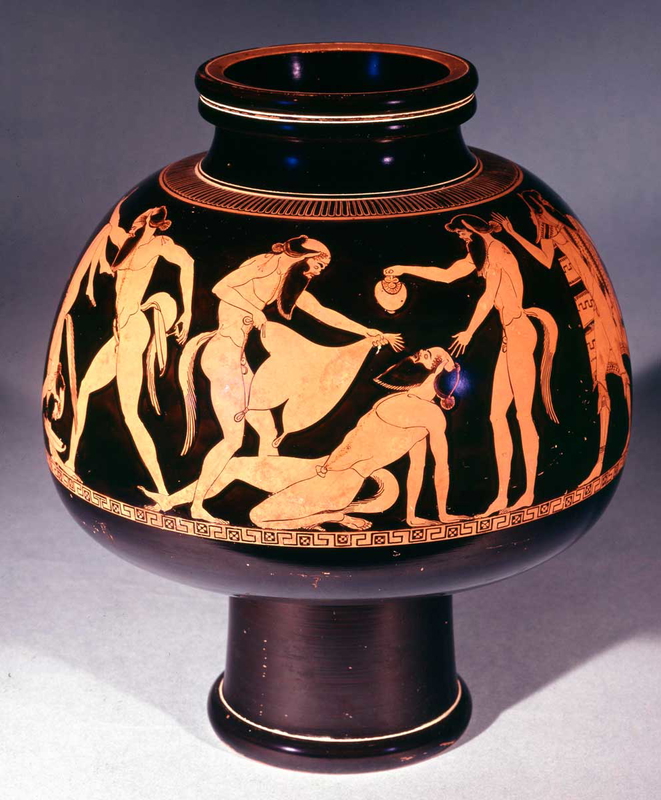 satyrs drinking greek vase