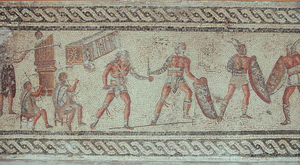 gladiators and musicians tripoli mosaic