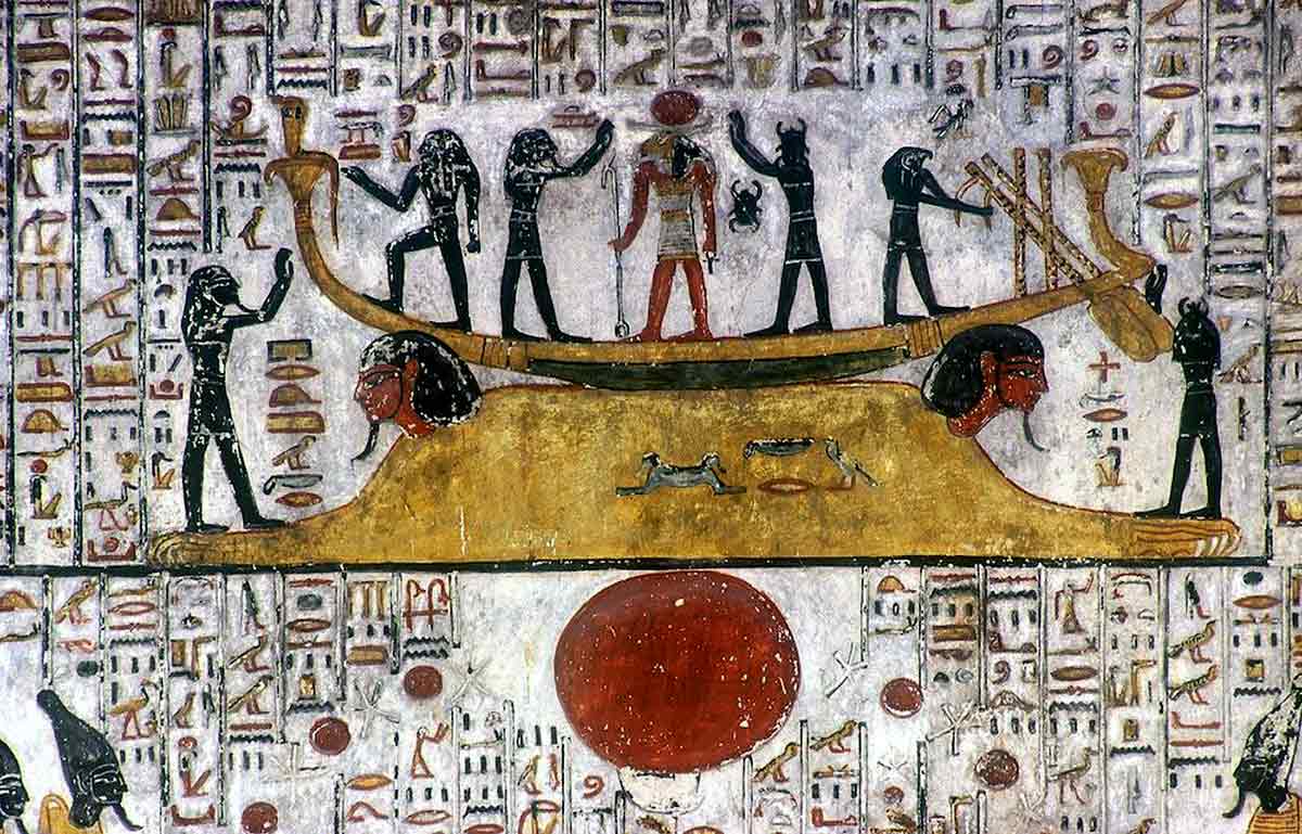 ra isis horus painting solar disc barque