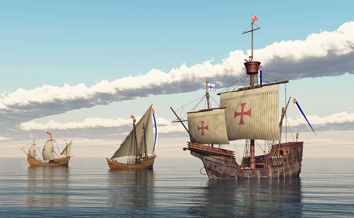 Artistic interpretation of the Santa Maria, alongside the smaller Nina and Pinta shipping vessels