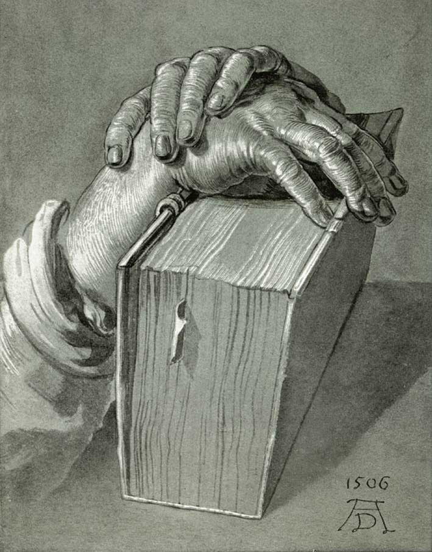 Hand study with bible, Albrecht Durer, 1506, via WikiArt