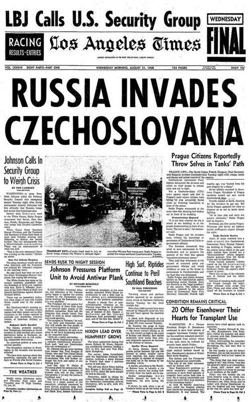 la times headline invasion czechoslovakia 1968