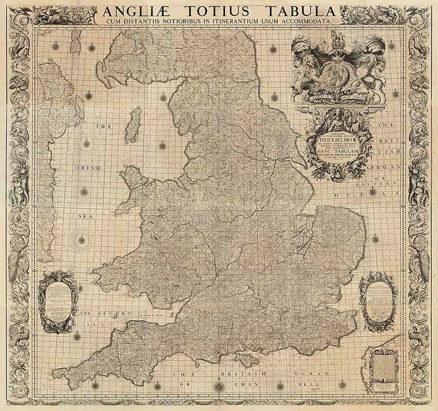A map of England and Wales by John Adams (1677) and updated by Philip Lea (1692), via Wikimedia Commons