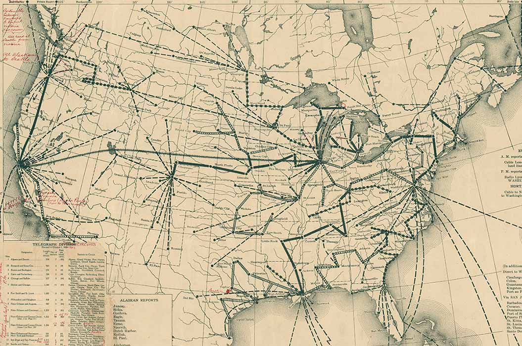 Chart of Telegraphic Circuits Employed in Reporting Weather Observations, Author Unknown, 1932, via Wikimedia Commons