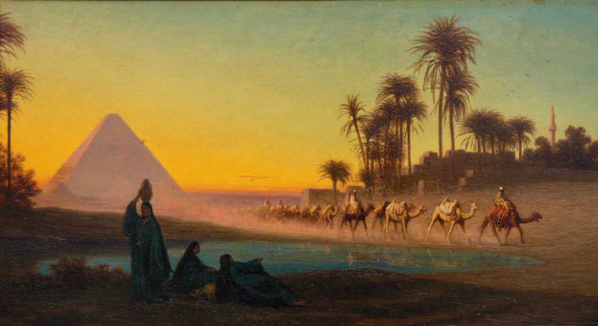 great pyramids orientalist painting camels
