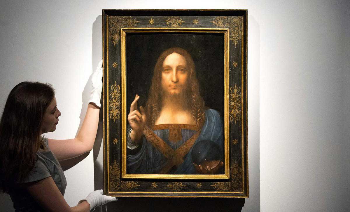 The Salvator Mundi on display in London’s National Gallery before the 2017 auction