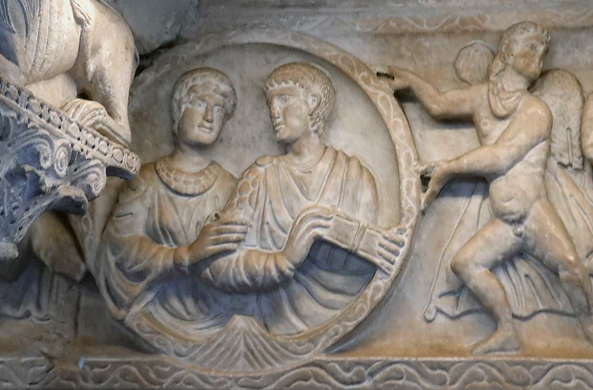 A relief on the so-called “sarcophagus of Stilicho” believed to be either Stilicho or Aetius and their respective wife, the Basilica of Sant’Ambrogio, Milan. Image by Richard Mortel