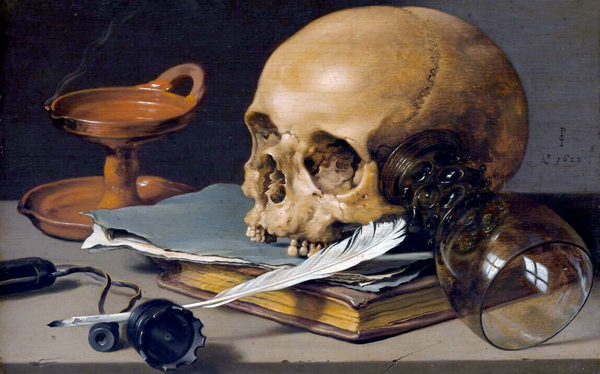 Still Life With a Skull and Writing Quill, Pieter Clasz, 1628, via The Met