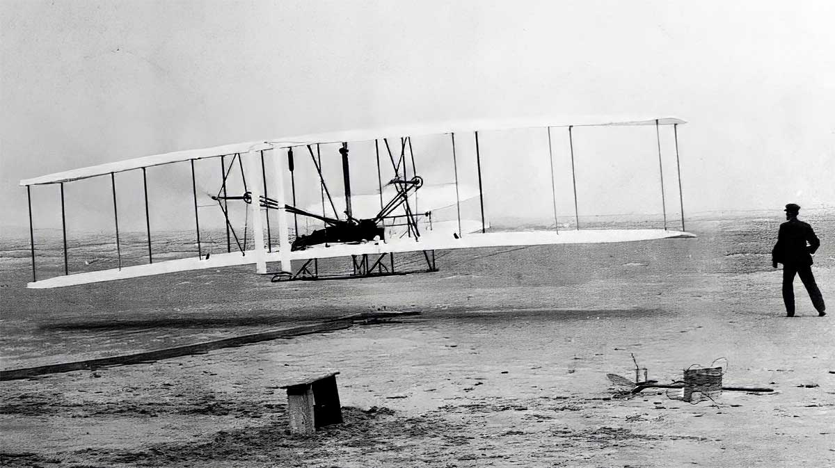 The moment when the Wright brothers’ plane took off the ground in 1903