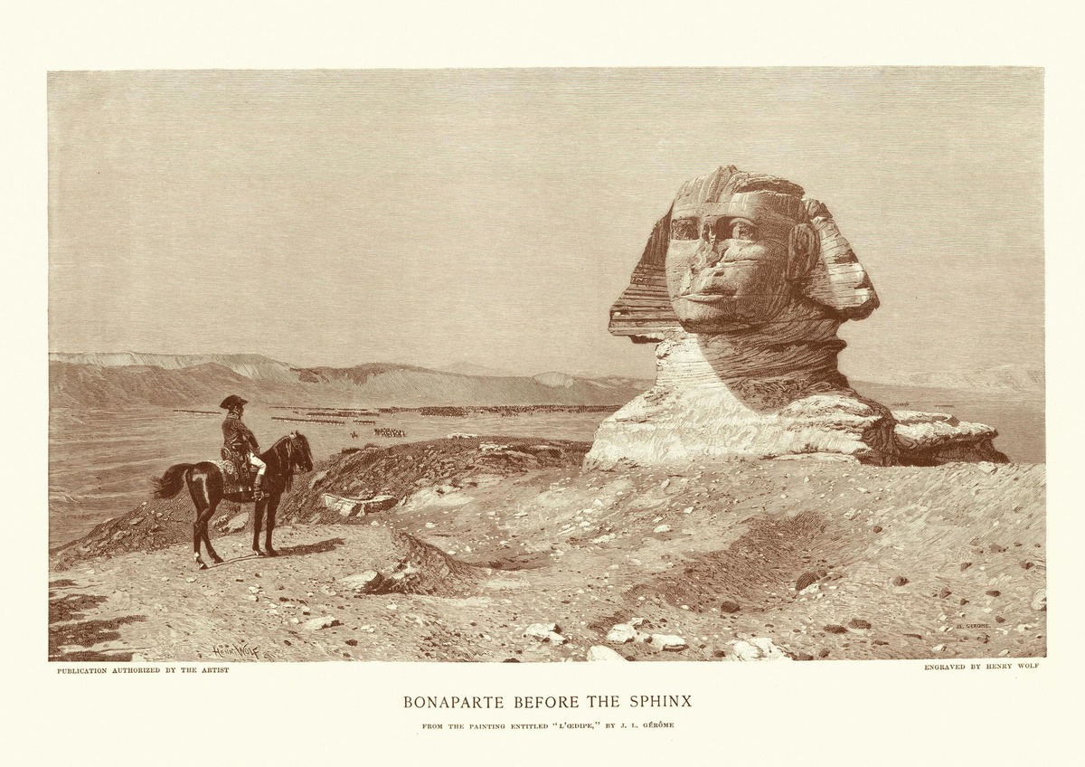 Vintage engraving of Napoleon before the Sphinx, engraving bu Jean Leon Jerome, 1894. Source: Wikimedia Commons