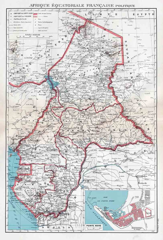 French Equatorial Africa in 1929 (by Commandant P. Pollacchi). The “Oubangi-Chari” region in the center east would eventually form the basis of the Central African Republic. Source: Antiquemapsandprints.com