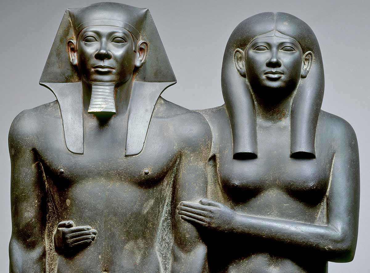 menkaure mikerinos wide old kingdom statues stone royal couple