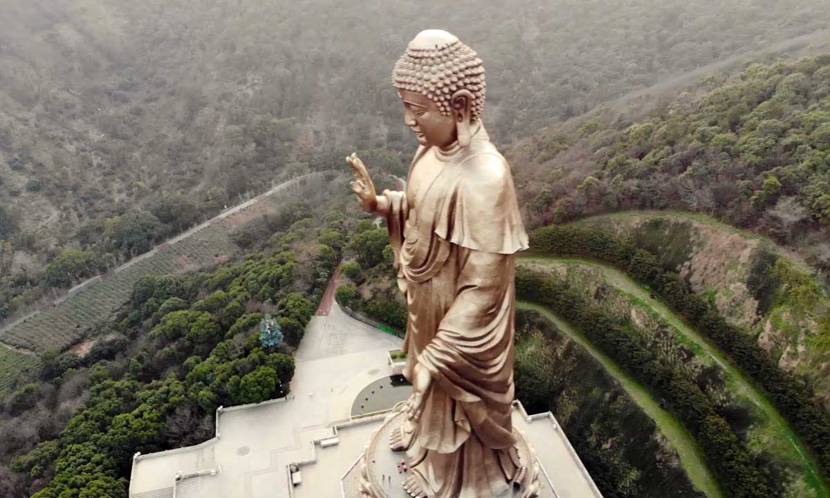 Spring Temple Buddha seen from the air, as it towers over Mount Yao