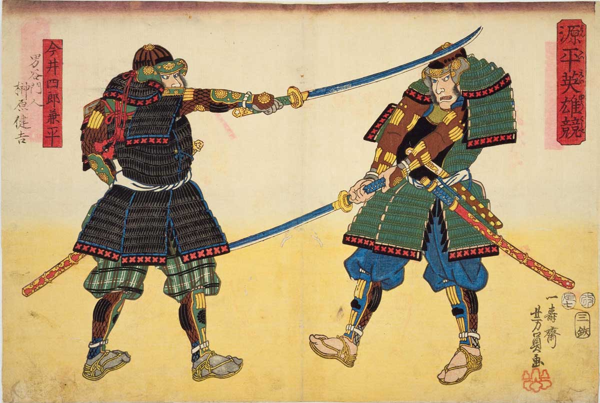 utagawa yoshikazu two samurai swords drawn