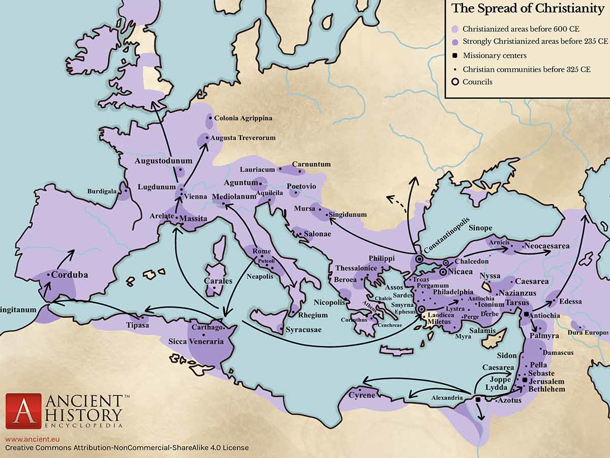 Map showing the spread of Christianity, image by Karyna Mykytiuk, via Ancient.eu