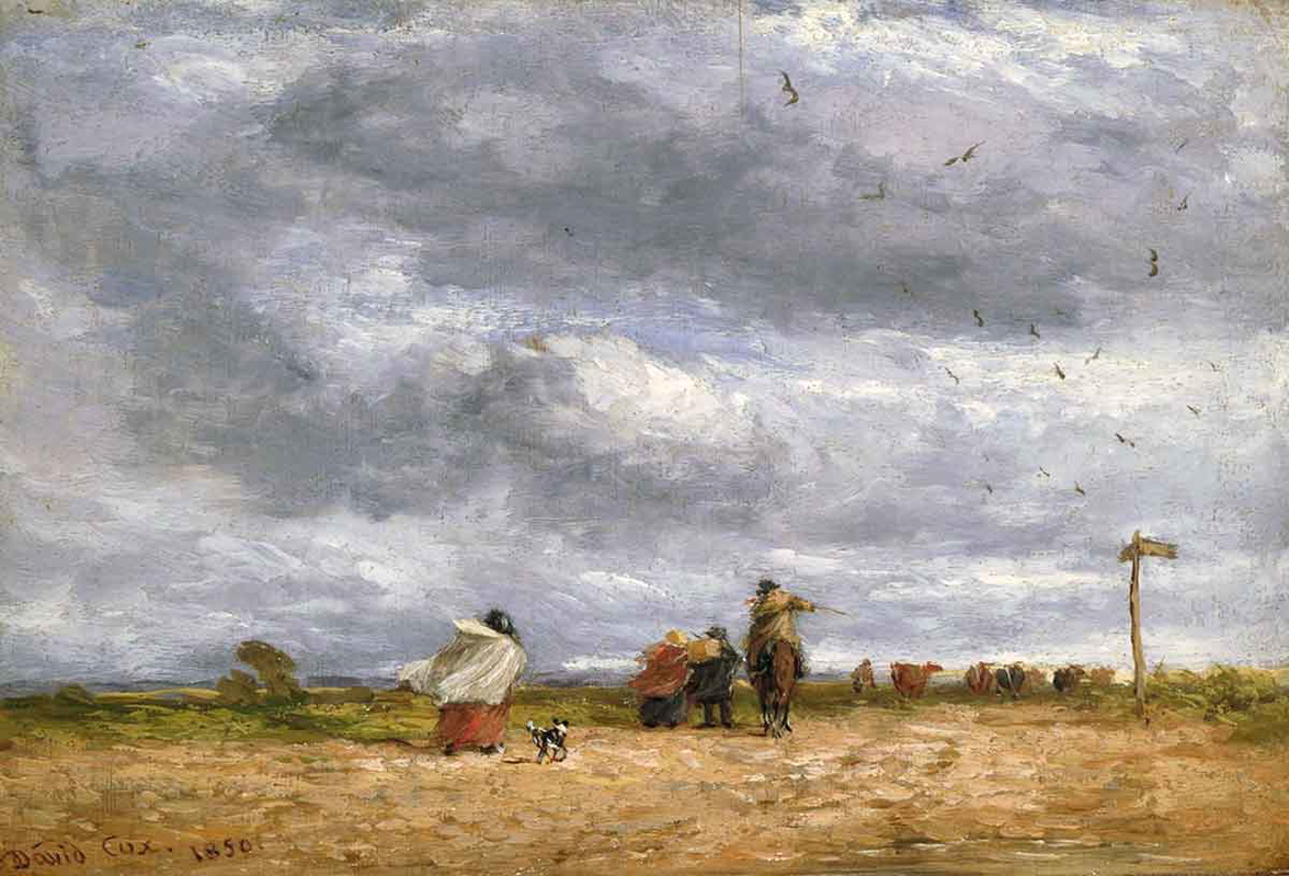 English peasants and their animals moving through open, common field landscape under a tempestuous sky. The Cross Roads by David Cox (1850), via Birmingham Museums and Art Galleries 